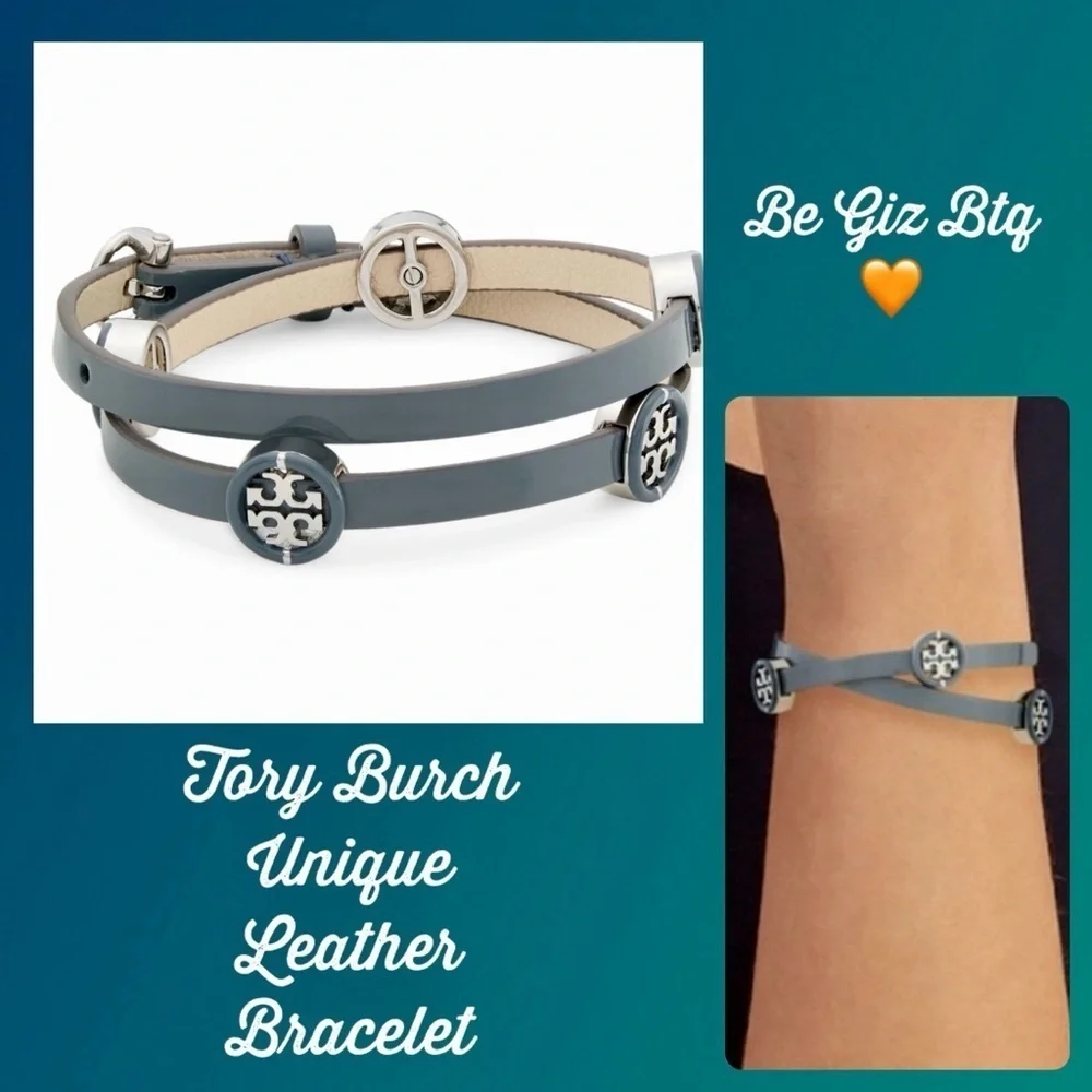 🆕Tory Burch Authentic Miller Silver & Leather Blue Enamel Double Wrap Bracelet